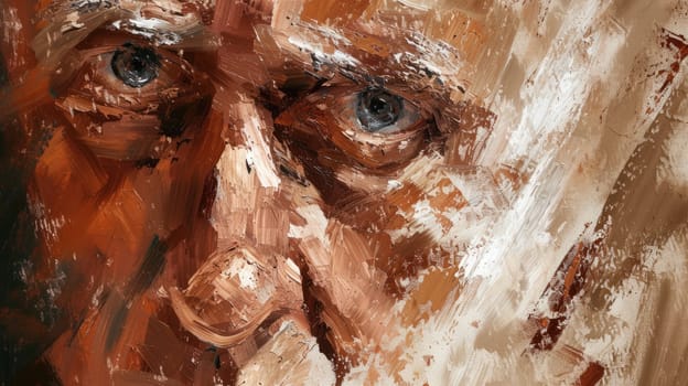 A portrait of creative realistic painting of old middle aged man with wrinkled face and was painted with brown brush. Represent emotional of upset, sorrow, unhappy. Modern impressionist art. AIG42.