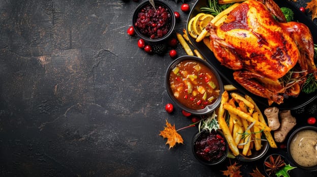 A Thanksgiving dinner table with a roasted turkey, mashed potatoes, stuffing, cranberry sauce, and other traditional dishes. AIG51A.