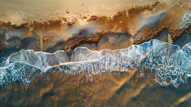 An aerial perspective of water waves crashing onto a sandy beach, showcasing a natural landscape with a stunning geological phenomenon in motion AIG50