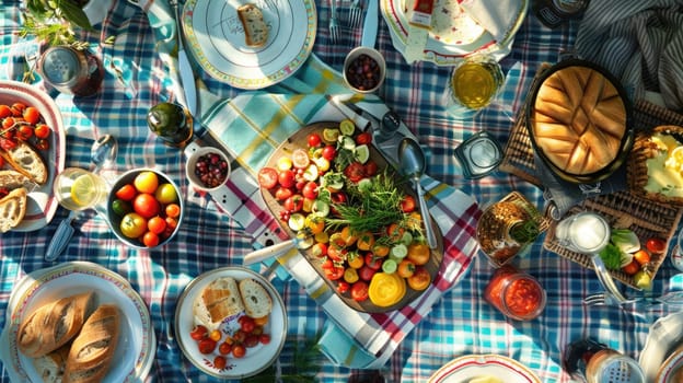 A picnic spread with tableware, fruit, and flowers on a plaid blanket. Enjoy natural foods, vegetable dishes, and a beautiful outdoor event AIG50