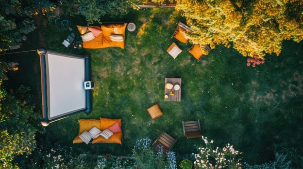 A picnic blanket is spread out on a vibrant green lawn surrounded by tall trees, shrubs, and colorful flowers, creating a picturesque tableau for a relaxing outdoor event AIG50