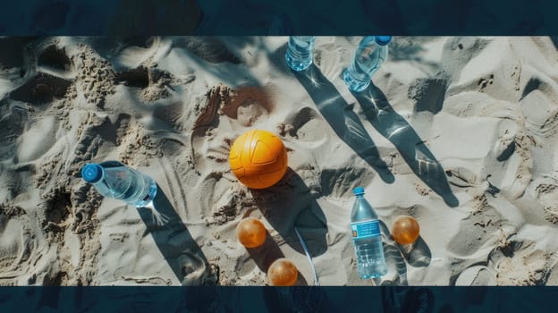 A row of glass bottles, azure balls, and paddles lay scattered on the sandy beach, creating a beautiful art display in harmony with the natural environment AIG50