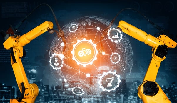 MLP Smart industry robot arms for digital factory production technology showing automation manufacturing process of the Industry 4.0 or 4th industrial revolution and IOT software to control operation.