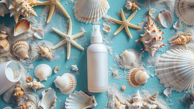 A white bottle of lotion is artistically surrounded by natural materials such as seashells and starfish. The intricate patterns of molluscs and invertebrates closeup create a beautiful piece of art AIG50