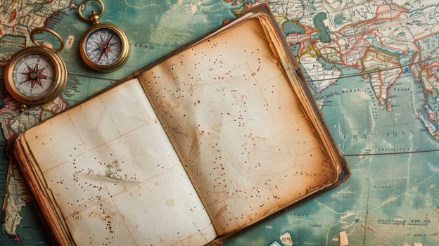 A wooden table displays an open book with a map, compass, and intricate circle pattern on the cover. The font, painting, and metal artifact add to the art facade AIG50