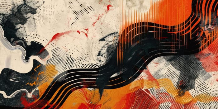 Abstract painting with bright red, orange, yellow and black colors. AIG51A.