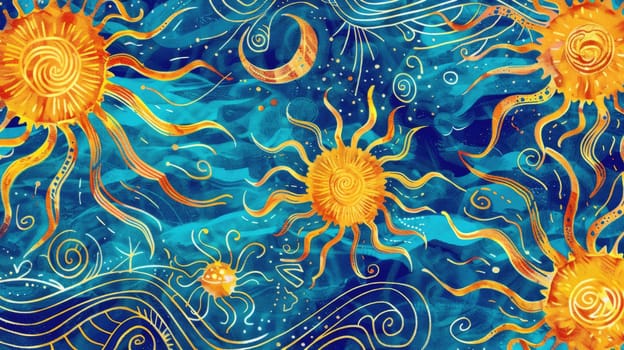 Textile sleeve featuring an intricate pattern of suns, moons, and swirls on a black background. The design incorporates elements of organisms, plants, and art in electric blue, aqua, and symmetry AIG50