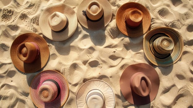 A stack of hats forming a circle pattern on the beach, resembling a fluid organism in an art installation. This unique recreation blends science and creativity in a liquidlike display AIG50