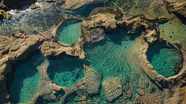 Aerial view of a vast body of water bordered by rocky terrain, showcasing a beautiful natural landscape with a mix of terrestrial plants and trees AIG50