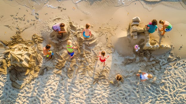 A group of children are leisurely playing in the sand on a beach, creating art and exploring the rock landscape. The beach offers a perfect setting for recreation and adventure AIG50