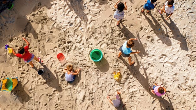A group of children are leisurely playing in the sand on a beach, creating art and exploring the rock landscape. The beach offers a perfect setting for recreation and adventure AIG50