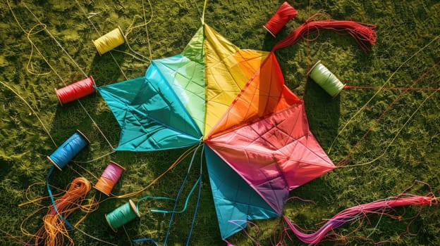 A collection of triangular kites resting on the vibrant grass in a picturesque landscape. A leisure event filled with fun and art in the lush grassland AIG50