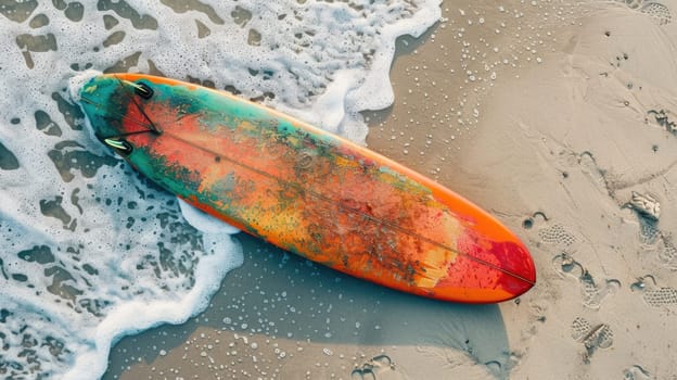 A surfboard rests on the beach as the sun sets, casting a golden glow over the water. The wind waves gently lap at the shore, creating a peaceful and serene natural landscape AIG50