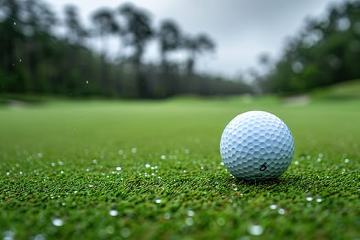 Golf ball in wet green grass on a blurred background.