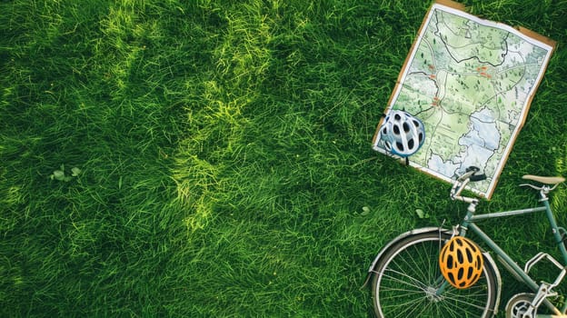 A bicycle, helmet, and map are scattered in the grass, surrounded by the peaceful sounds of nature. A wheel and tire peek out from beneath the foliage AIG50