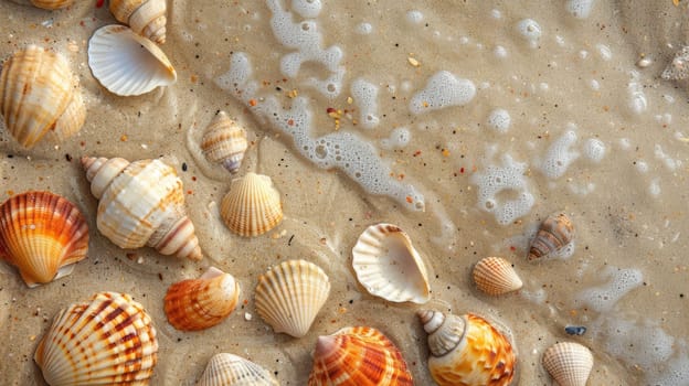 Various mollusc shells are scattered on the sandy beach, creating a beautiful pattern. These natural materials originate from the water and terrestrial animals AIG50