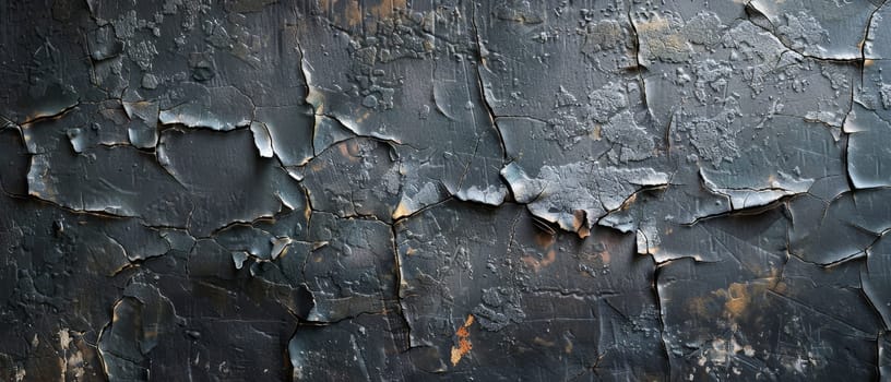 A dark surface presents varied crack patterns, hinting at diverse environmental effects over time. The differing crack widths create a compelling abstract aesthetic