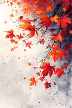 A tree branch with orange autumn leaves, a beautiful display of tints and shades in liquid hues. The plant organism showcasing its deciduous beauty