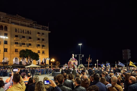 Thessaloniki, Greece Good Friday Orthodox Easter Epitaph procession. Crowd attending the commemoration of decorated with flowers Epitafios at Aristotelous Square.