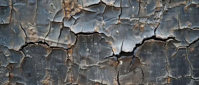 A dark surface presents varied crack patterns, hinting at diverse environmental effects over time. The differing crack widths create a compelling abstract aesthetic