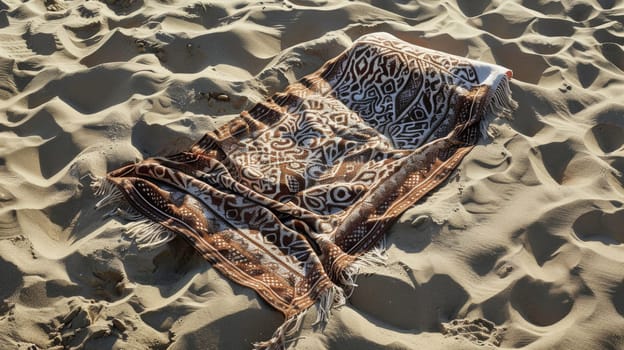 A rug with an electric blue pattern lies on the sandy beach, contrasting with the neutral landscape of sand and rocks. The motif creates a striking art piece amidst the geology of the wood flooring AIG50