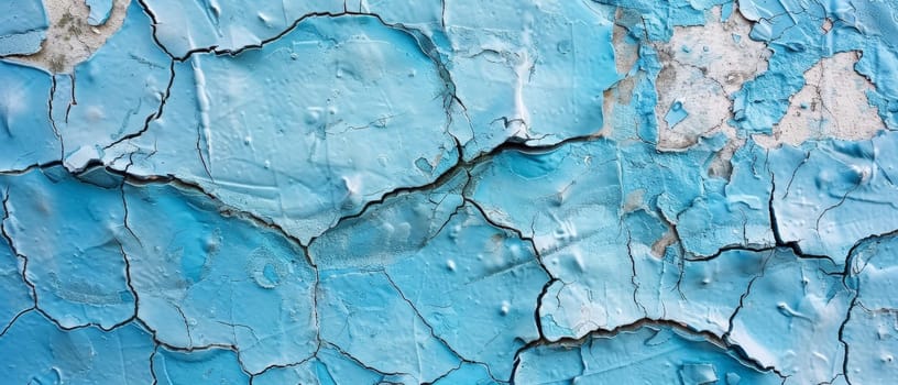 Cerulean paint cracks in an abstract pattern over concrete, suggesting a canvas of urban storytelling and decay