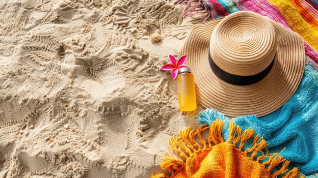 A wooden patterned hat lies next to a furry peachcolored towel on the beach, with a musical instrument tucked under the brim and a mask of a fictional character nearby AIG50