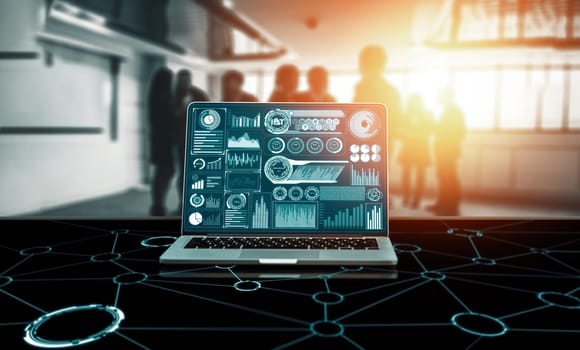 Big Data Technology for Business Finance Analytic Concept. Modern interface shows massive information of business sale report, profit chart and stock market trends analysis on screen monitor. uds
