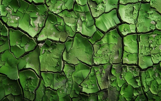 A close-up of weathered green paint flaking off a rough surface, revealing the layers and texture underneath. The peeling paint creates a pattern of wear and decay that speaks to the passage of time