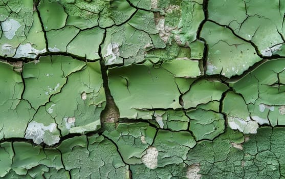 A close-up of weathered green paint flaking off a rough surface, revealing the layers and texture underneath. The peeling paint creates a pattern of wear and decay that speaks to the passage of time