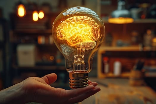 A lamp in the shape of a human brain glows in hand. Healthy brain concept.