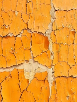 An abstract pattern emerges from the network of cracks in the orange paint, evoking a sense of urban decay and artistic beauty in destruction