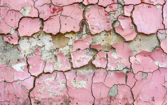 The weathered texture of a pink wall reveals layers of history and neglect, standing as a rugged canvas of urban time