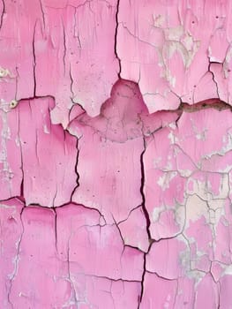 A detailed close-up of peeling pink paint over a coarse surface, revealing the effects of time and weather. The texture and cracks form a unique visual story
