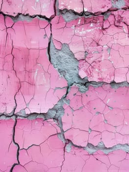 A detailed close-up of peeling pink paint over a coarse surface, revealing the effects of time and weather. The texture and cracks form a unique visual story