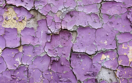 This distressed mural of purple paint showcases a fragmented texture filled with stories and character. The cracked surface becomes an artwork of time's influence