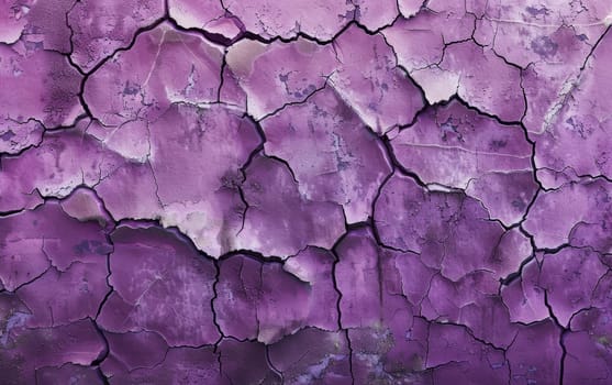 This distressed mural of purple paint showcases a fragmented texture filled with stories and character. The cracked surface becomes an artwork of time's influence