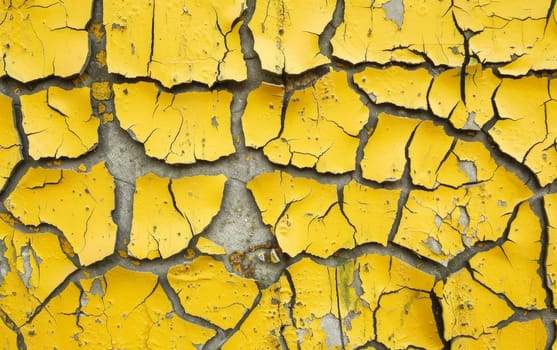 A vivid yellow paint layer cracks and peels, offering an abstract mosaic of color and texture. The image captures the intriguing effects of weathering on surfaces