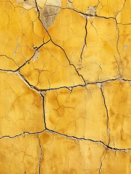 This yellow painted wall exhibits a complex pattern of weathering, where cracks and texture tell a story of the environment's impact over time