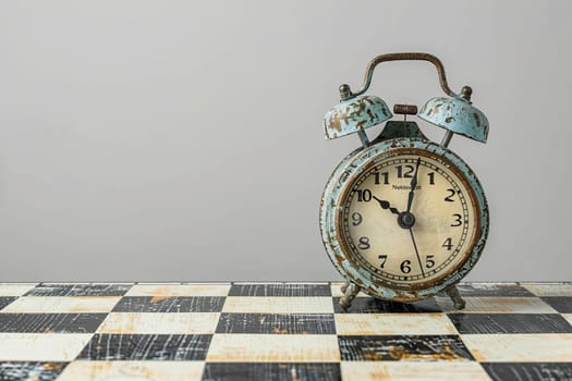Aged chessboard with old alarm clock against a white wall.