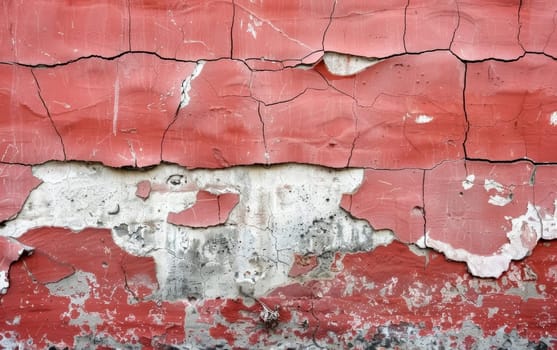 The red paint on this wall is crumbling away, exposing the underlying surface and creating a stark contrast of textures. It reflects the beauty of imperfection
