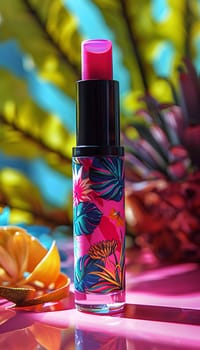 A magenta liquid lipstick is placed on a table next to a purple pineapple. The cosmetics and plant colors create a unique contrast in shades of violet and magenta