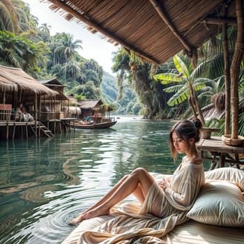 A woman is enjoying leisure time sitting on a bed next to the water, surrounded by beautiful nature and palm trees. AI generation