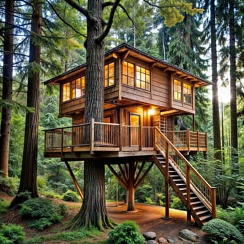 A wooden tree house with stairs surrounded by the natural landscape of a forest, featuring a window overlooking the green grass and tree trunks. AI generation