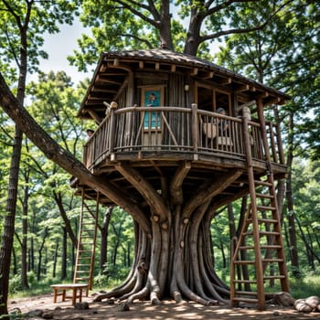 A charming cottage shaped tree house with stairs, blending beautifully into the natural landscape. AI generation