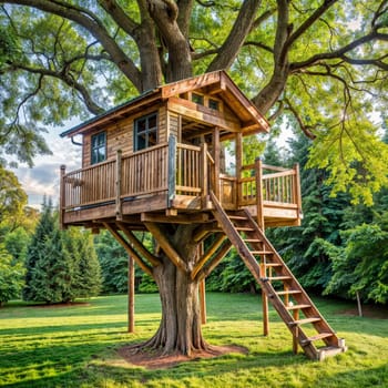 A charming cottage shaped tree house with stairs, blending beautifully into the natural landscape. AI generation