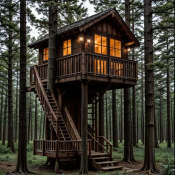 A wooden tree house with stairs surrounded by the natural landscape of a forest, featuring a window overlooking the green grass and tree trunks. AI generation
