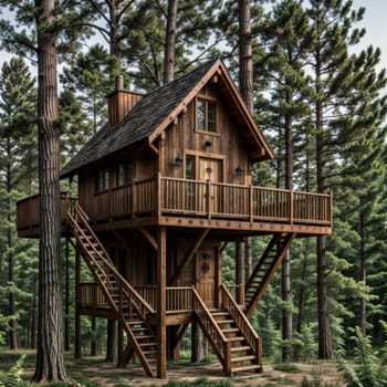 A wooden tree house with stairs surrounded by the natural landscape of a forest, featuring a window overlooking the green grass and tree trunks. AI generation