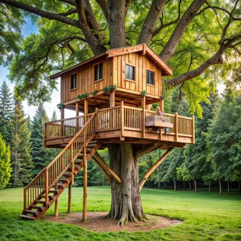 A charming cottage shaped tree house with stairs, blending beautifully into the natural landscape. AI generation