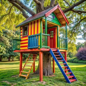 A vibrant tree house made of wood is perched atop a tall tree surrounded by lush green grass in a park, creating a playful and unique leisure space for children. AI generation